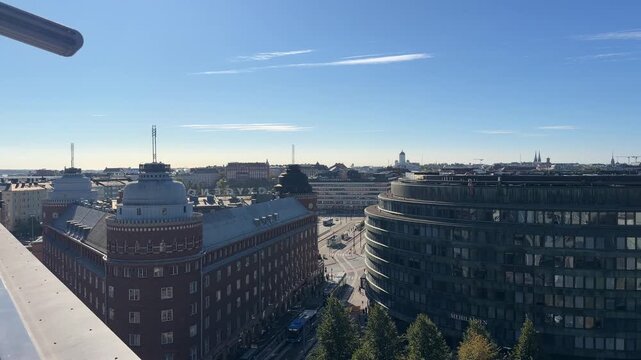 Panning Rooftop Panorama of a Nordic Helsinki City on a Clear Day