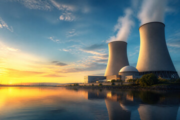 Fototapeta na wymiar Nuclear power plant cooling towers are visible against a sunset over a body of water.