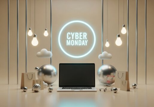 Cyber Monday sale promotion with laptop shopping bags and lightbulbs in 3d rendering