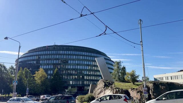 Helsinki Round Modernist Building Above a Rock Outcrop in the City