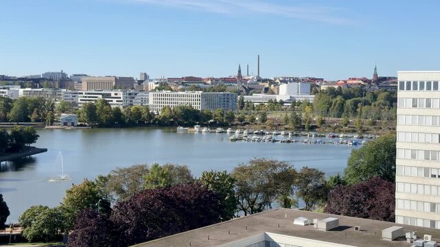 Helsinki City Bay With a Water Fountain and Buildings on the Shore