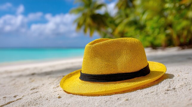 A bright yellow straw hat rests on a pristine white sandy beach with turquoise ocean water in the.
