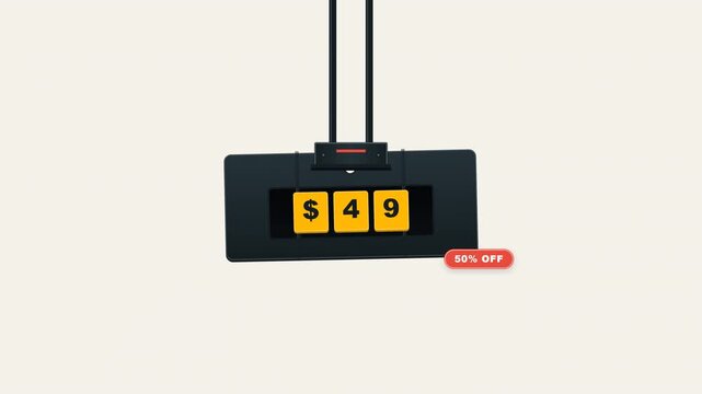 Retail hanging price tag illustration with forty-nine dollars display and fifty percent off discount badge on light background