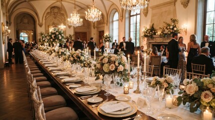 Obraz premium A long banquet table is set for a wedding reception in a grand, ornate hall. Guests, dressed in formal attire, are seated around the table, enjoying a meal.