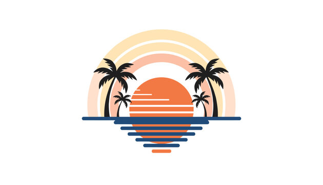 Vintage tropical sunset logo featuring silhouette palm trees and warm orange colors for travel and summer vibes.