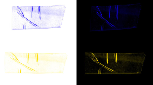 Transparent adhesive tape strips set, blue and yellow plastic scotch tape pieces, realistic sticky tape textures for digital mockups and overlays