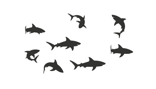 Silhouettes of ten sharks swimming in different directions, representing marine life and dangerous predators.