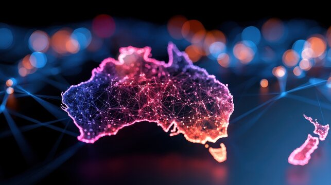 Glowing digital map of Australia with network connections and bokeh lights. Technology concept for global.