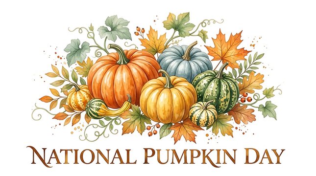 National pumpkin day festive illustration with various colorful pumpkins, gourds, and autumn leaves, decorative fall harvest arrangement isolated on white background