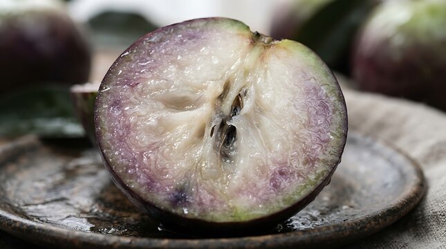Sliced purple star apple on rustic plate with shallow depth.