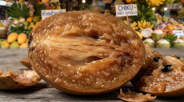 Sweet sapodilla fruit halved showing soft brown flesh and seeds.