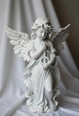 Fototapeta premium Spirituality and peace white angel statue with wings holding a cross for religious worship funeral memorial and divine grace in a church setting