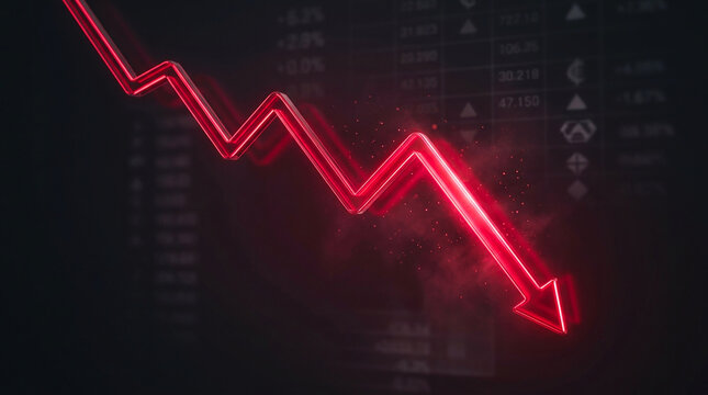Red glowing financial decline arrow pointing down representing economic recession market crash crisis business loss and stock downturn data
