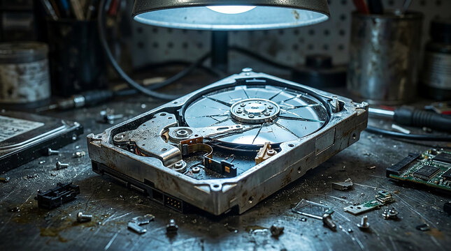Damaged mechanical hard drive on a dirty workbench broken platter disk data recovery computer hardware repair digital forensic electronic waste technology issue