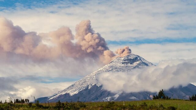 Cotopaxi Volcano, Ecuador, erupting, 12th of May 2023, Time lapse.. Volcanic ash is erupting from the crater. At 5897m altitude one of the world's highest active volcanoes.