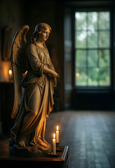 Fototapeta premium Spirituality and peace angel statue with glowing candles in a quiet room for meditation prayer and religious reflection in a serene home interior