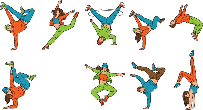 Dynamic Breakdance Dancers Vector Illustration featuring vibrant urban street style poses for music event design
