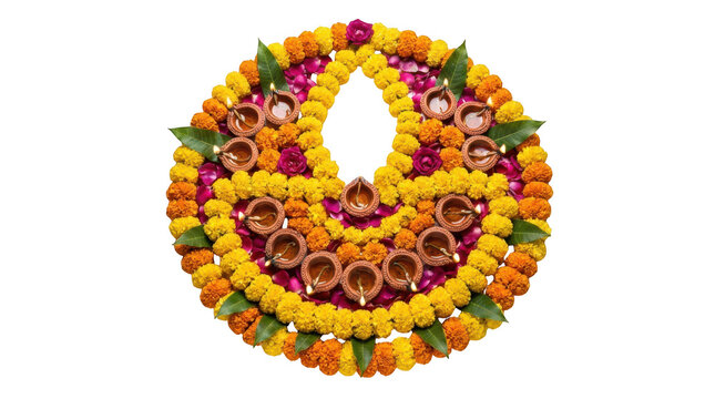 Beautiful floral rangoli design with lit clay oil lamps for diwali festival celebration isolated on transparent background