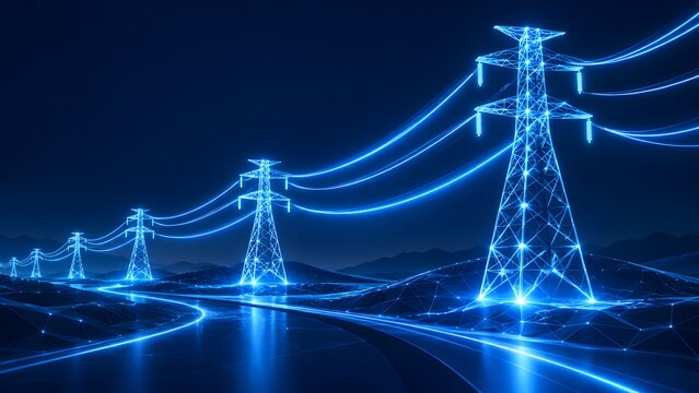 Digital power transmission towers stretching across a dark futuristic low poly landscape with glowing blue grid lines