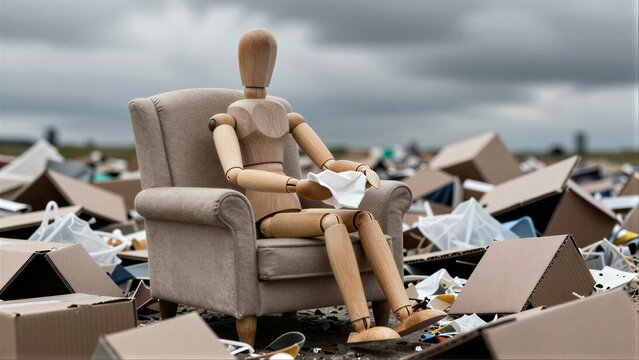 Wooden mannequin sits in armchair amidst piles of discarded cardboard boxes under cloudy sky.