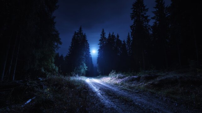 A dark forest road illuminated by the full moon at night. Mysterious landscape for horror or adventure themes.