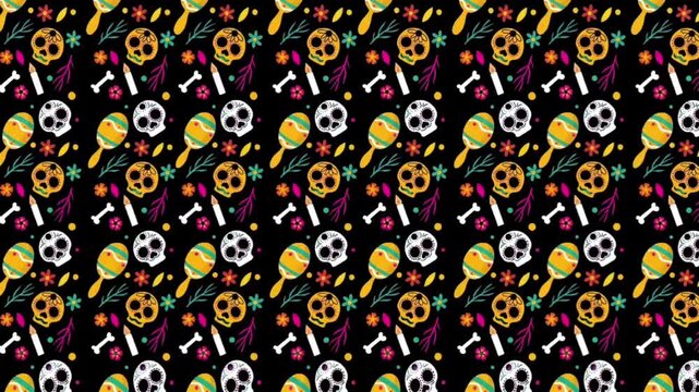 Animated Seamless Dia de los Muertos Skull Pattern with Colorful Calaveras, Marigolds and Mexican Folk Motifs for Decorative Backgrounds