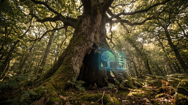 an ancient large tree in a deep forest with a digital holographic tree analysis graphic.
