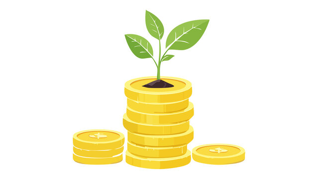 A small green plant growing out from a stack of golden coins transparent background