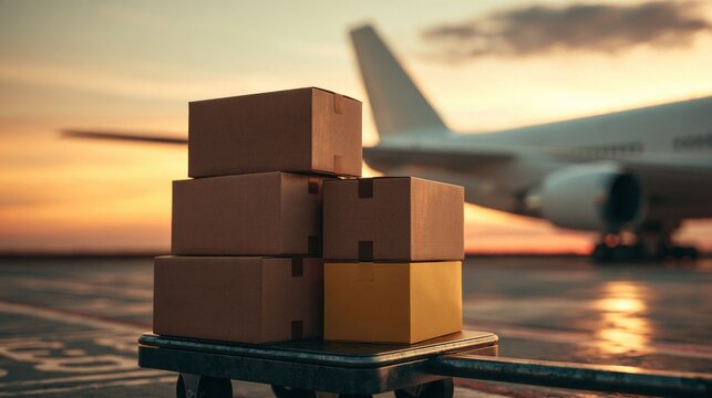 Cardboard boxes stacked on an airport tarmac near a cargo plane at sunset. Global logistics concept for.