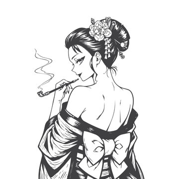 Japanese geisha and samurai anime girl portraits dark fantasy line art vector illustration