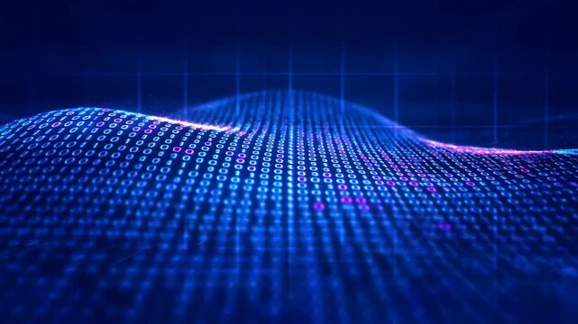 Glowing Binary Code Grid Across Blue Digital Wave Surface with Abstract Light