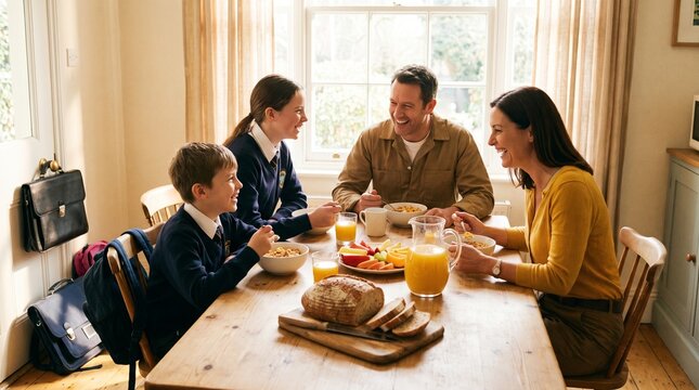 Family enjoys a healthy breakfast together before school and work
