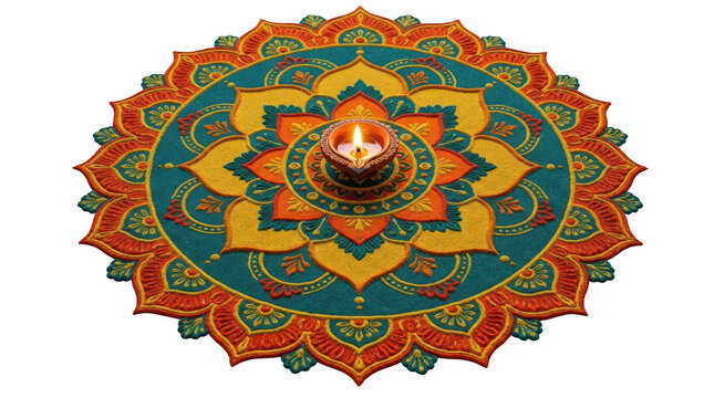 Circular colorful sand rangoli art with a central lit diya for diwali festival isolated on transparent background