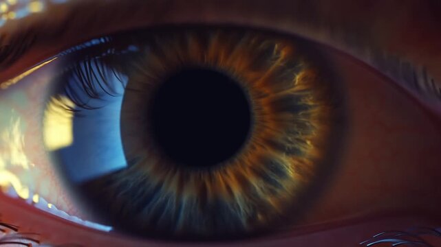 Human Eye in Extreme CloseUp with Dark Pupil and Warm Light Reflections