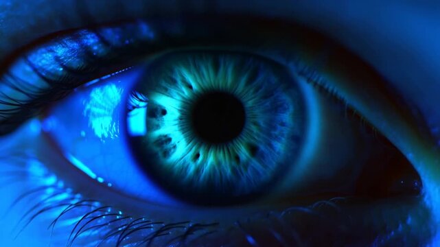 Blue human eye in extreme closeup with illuminated iris and dark eyelashes