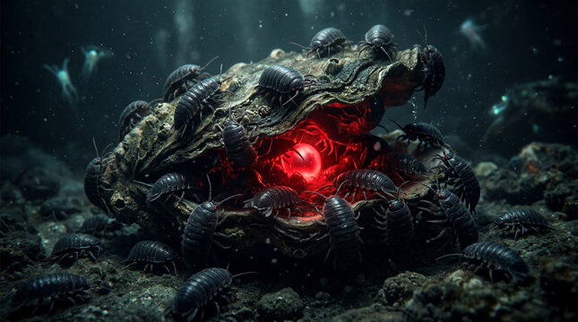 Dark Fantasy Horror Isopod Swarm On Oyster Shell With Glowing Red Pearl