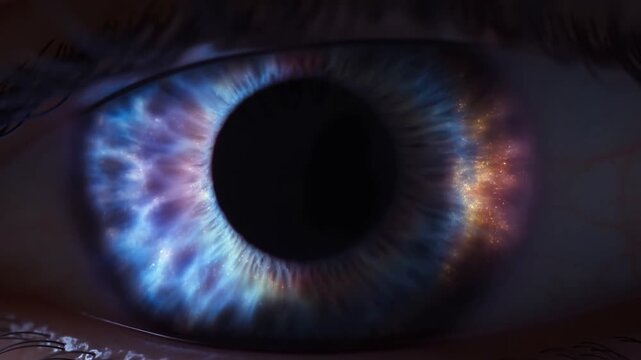 Extreme Close Up of Glowing Human Eye with Cosmic Nebula and Star Patterns