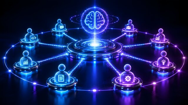 Multi-agent artificial intelligence network assigning specialized automated tasks to digital user icons with business symbols