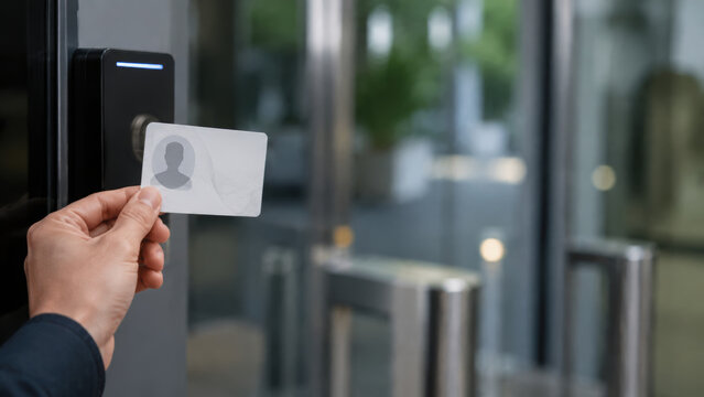 Customizable card id presented near contactless access reader at modern glass entrance with secure entry technology and privacy protection
