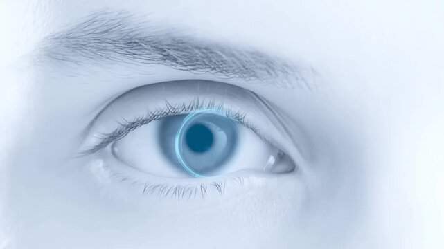 Blue eye with contact in extreme closeup against a soft white background