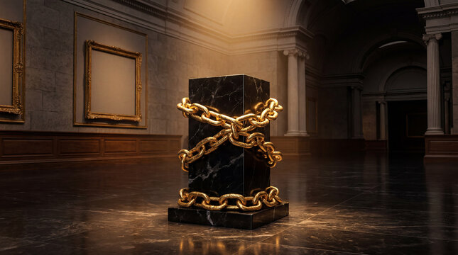 Luxury Security Concept Black Marble Pedestal With Gold Chains