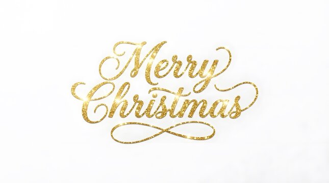 Merry christmas gold glitter calligraphy with elegant flourishes and decorative swirls, isolated on white background