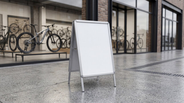 Retail Advertising Blank A-Frame Sign In Front Of Bicycle Shop