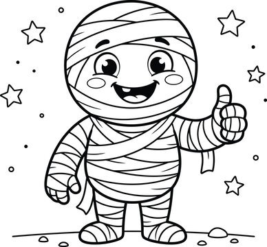 A cartoon mummy character with a cheerful expression is depicted as a black and white line drawing halloween lineart vector illustration monster costume