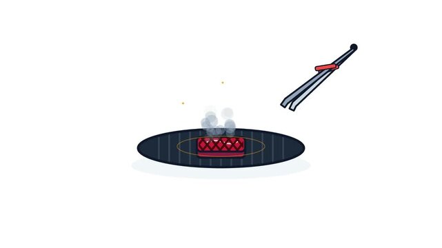 A pair of metal tongs places a raw steak onto a hot circular grill for cooking with where begins cook release steam simple graphic design style white background