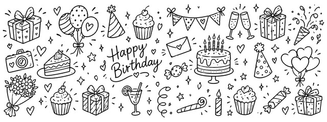 Fototapeta premium Hand Drawn Birthday Party Doodle Collection, Blue Line Art Celebration Illustration