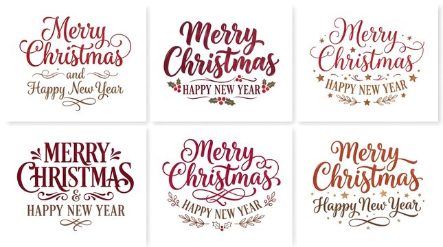Set of six elegant merry christmas and happy new year greeting card designs with festive typography, flourishes, and holiday elements isolated on white