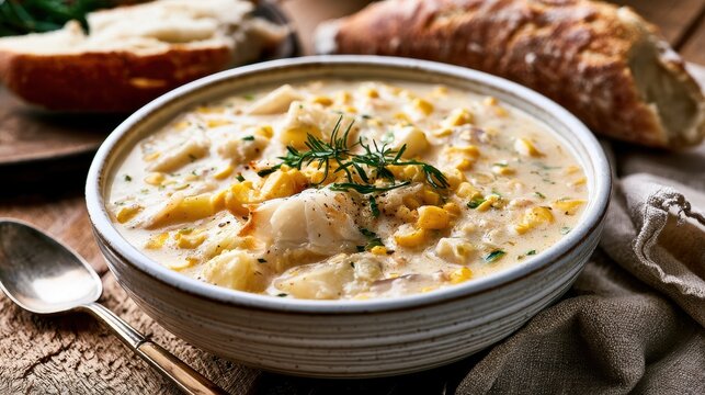 Creamy smoked haddock chowder with potatoes and sweet corn, cozy winter comfort food, rustic table setting