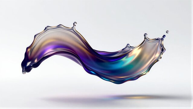 A vibrant, iridescent liquid splash frozen in mid-air against a minimalist white background.