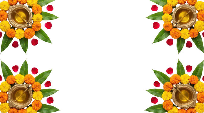 Four corners frame of traditional diwali diya lamps with marigold flowers, mango leaves and rose petals on transparent background